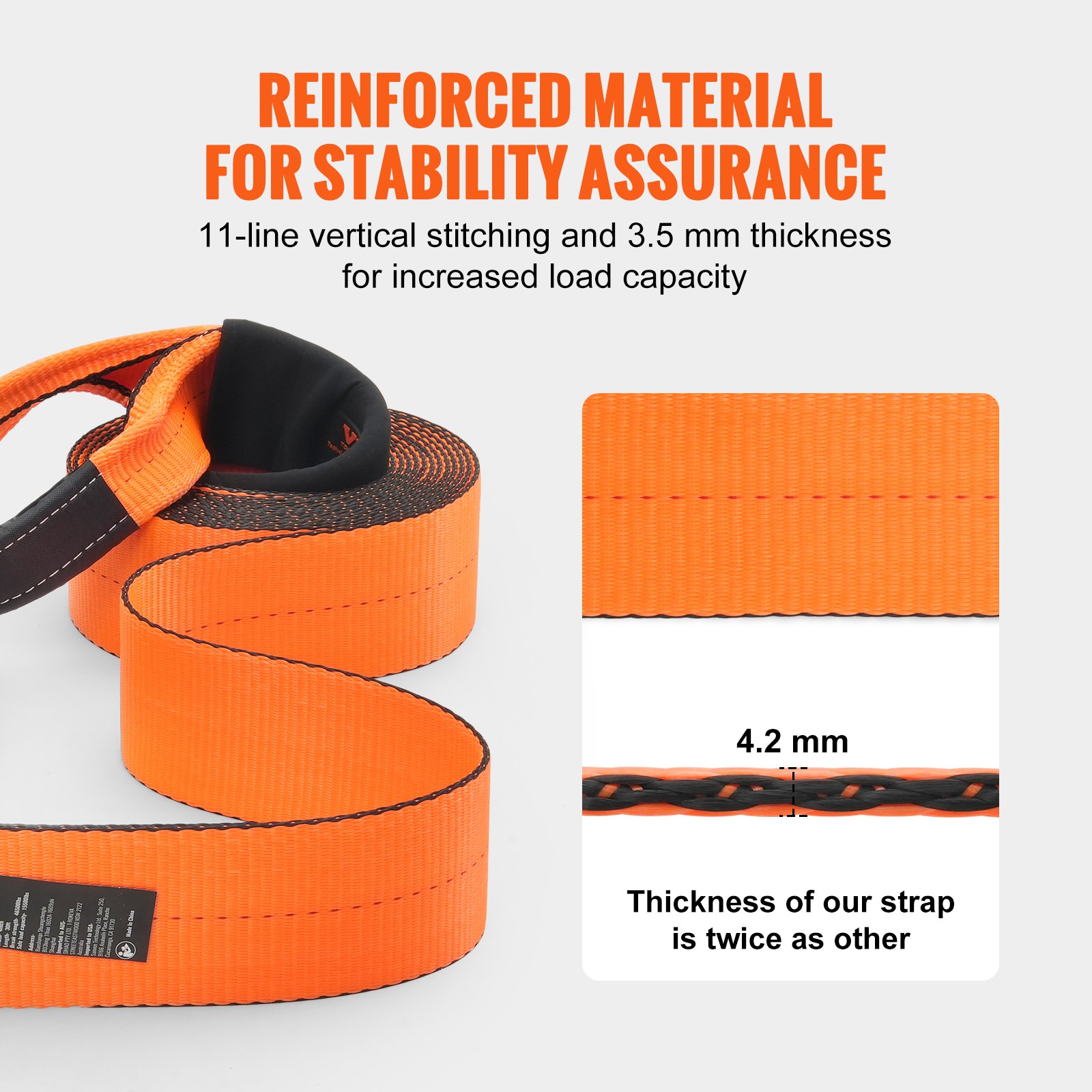 VEVOR Tow Strap 101.6 mm x 9.1 m, 21092 kg breaking strength, triple reinforced loop straps, off-road towing and recovery, extreme weather resistance, protective covers and storage bag