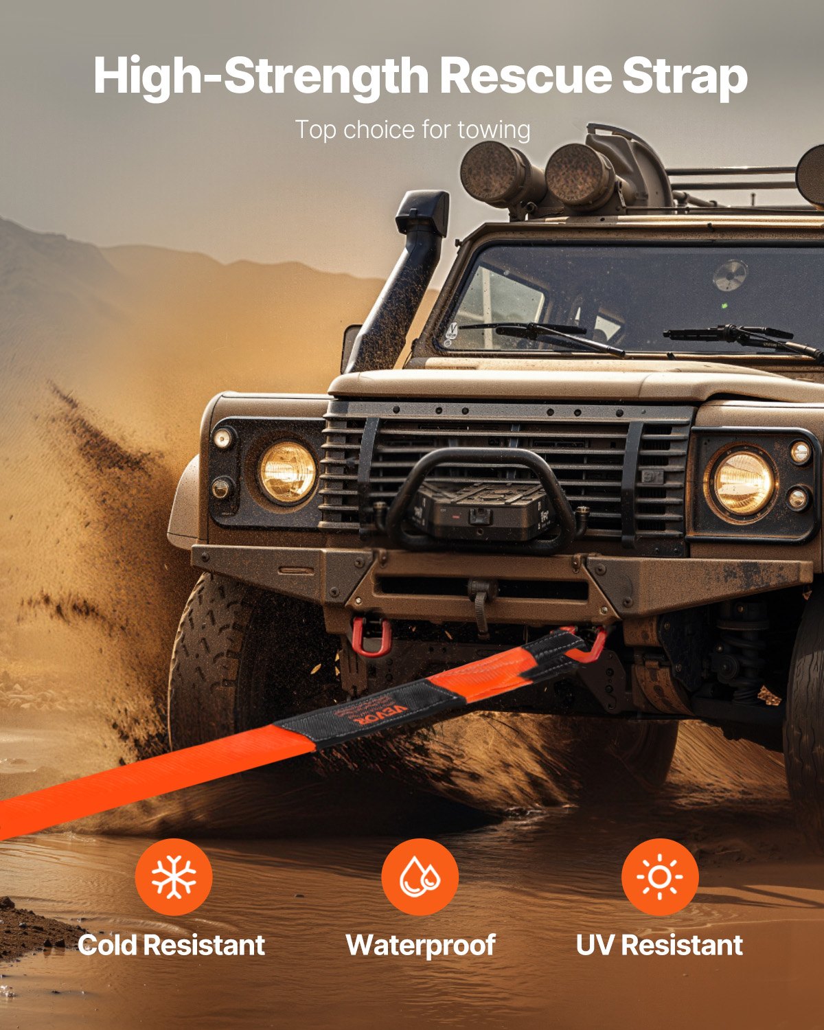 VEVOR Recovery Tow Strap 76.2 mm, 2.4 m 16329 kg Break Strength, Triple Reinforced Loop Straps, Tree Saver, Winch Line Extension Strap, Off Road Towing and Recovery, Extreme Weather Resistance