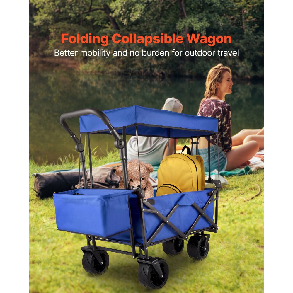 VEVOR Carrello Pieghevole per Vagoni in Blu, Carretto Pieghevole Portatile da Giardino Esterno Capacità da 100KG, Carrello da Trasporto della Spesa Adatto per Viaggi, Vacanze, Giardino e Campeggio