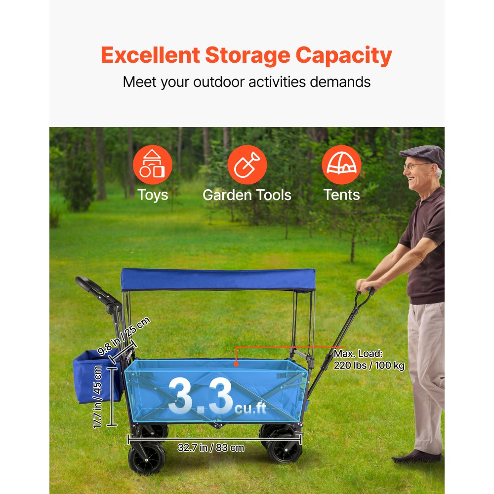 VEVOR Carrello Pieghevole per Vagoni in Blu, Carretto Pieghevole Portatile da Giardino Esterno Capacità da 100KG, Carrello da Trasporto della Spesa Adatto per Viaggi, Vacanze, Giardino e Campeggio