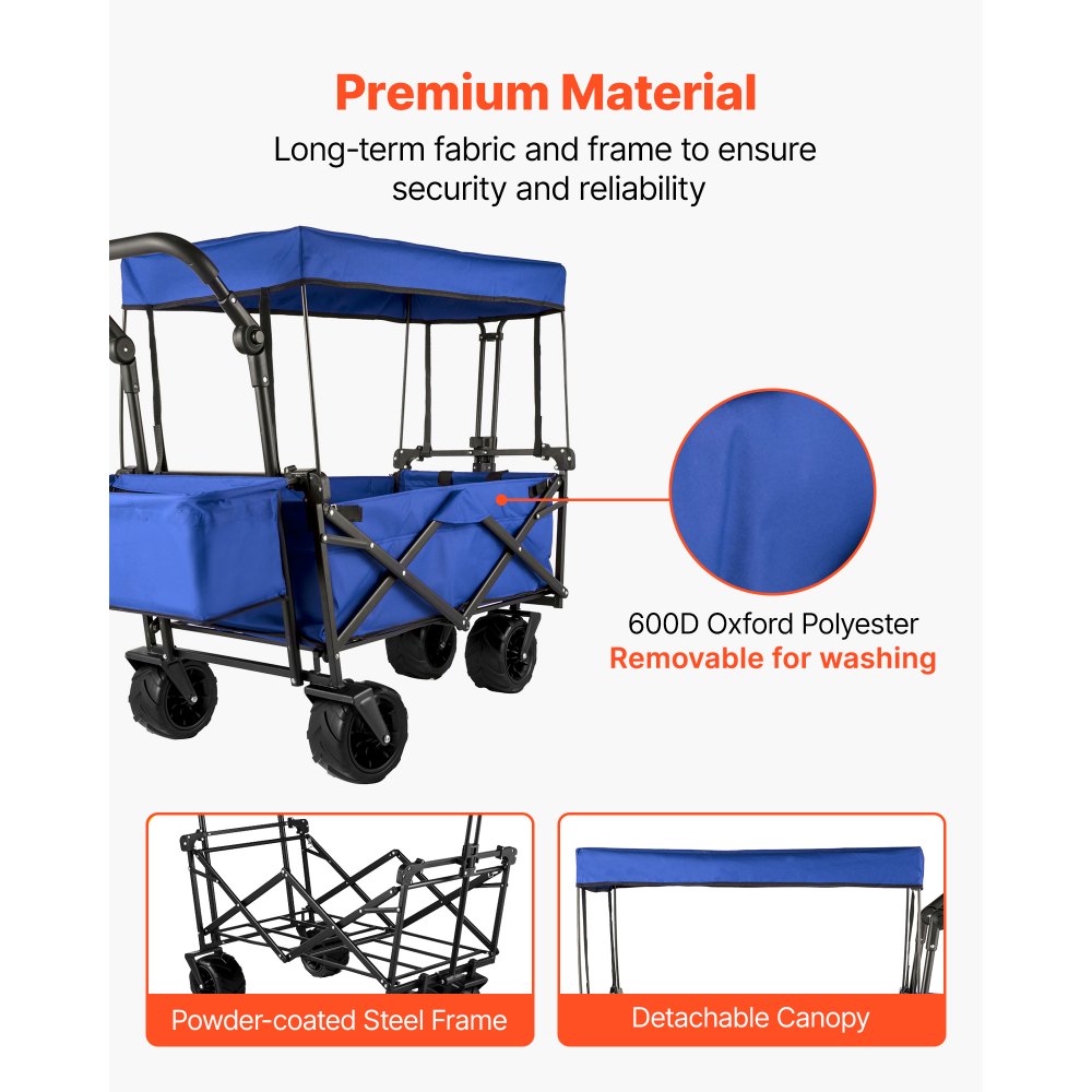 VEVOR Carrello Pieghevole per Vagoni in Blu, Carretto Pieghevole Portatile da Giardino Esterno Capacità da 100KG, Carrello da Trasporto della Spesa Adatto per Viaggi, Vacanze, Giardino e Campeggio
