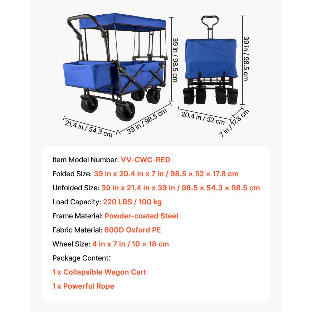 VEVOR Carrello Pieghevole per Vagoni in Blu, Carretto Pieghevole Portatile da Giardino Esterno Capacità da 100KG, Carrello da Trasporto della Spesa Adatto per Viaggi, Vacanze, Giardino e Campeggio