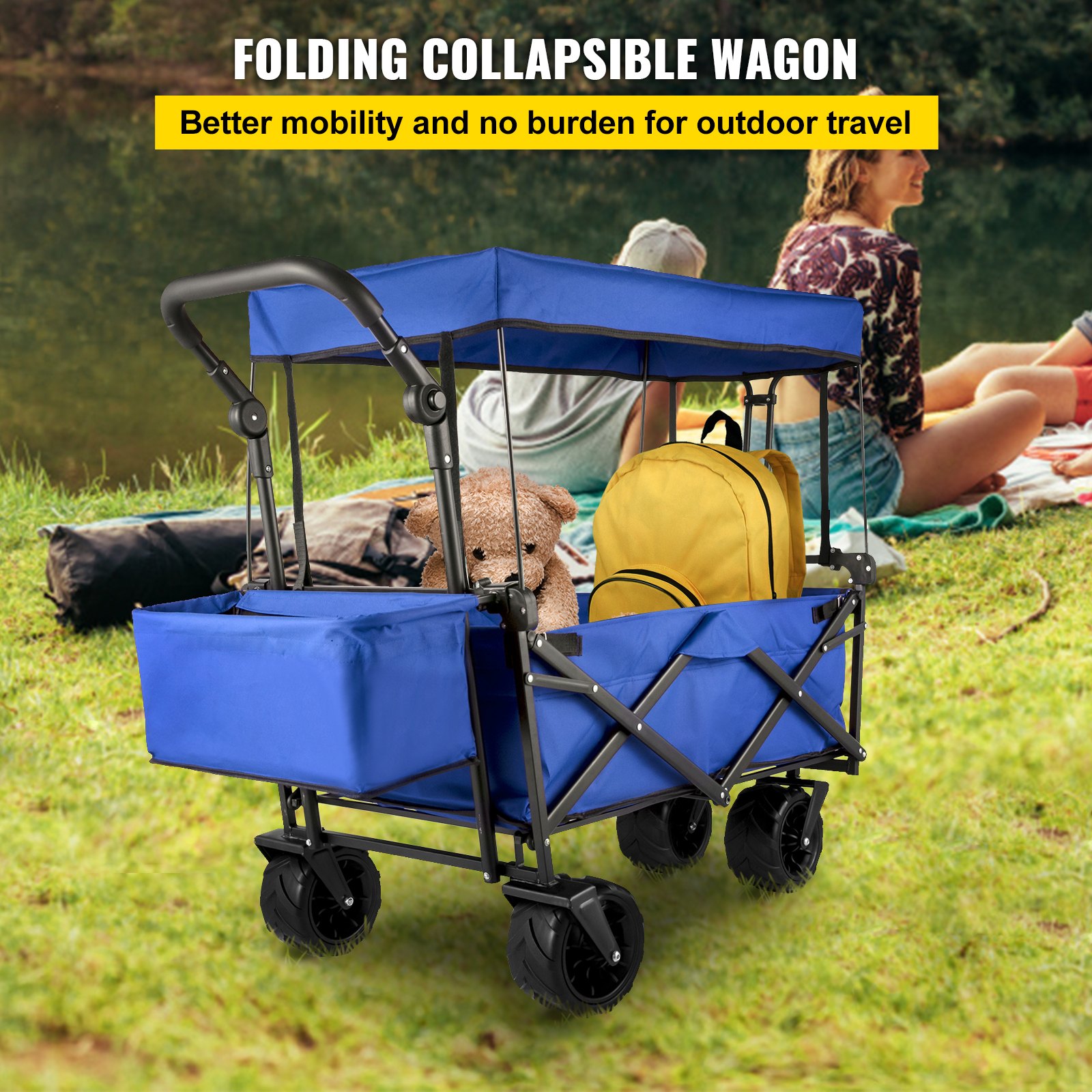 VEVOR Folding Wagon 92.7 x 54.3 x 98.5 cm, Foldable Handcart 100 kg, Blue Wagon with Canopy, Pneumatic Tires, 600D Oxford Polyester, Foldable Handcart with 2 Velcro Straps, for Outdoor Activities