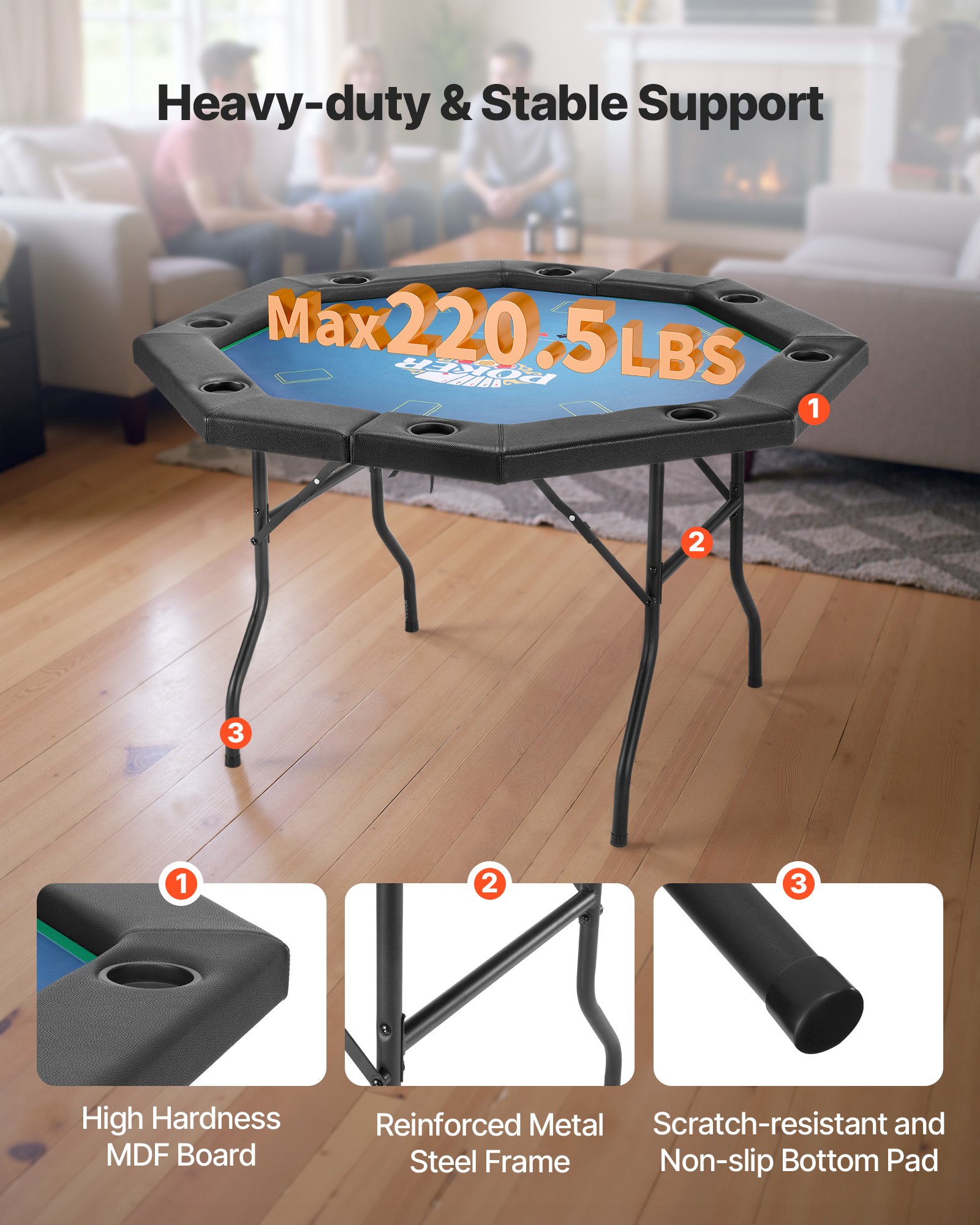 VEVOR Tavolo da Poker Pieghevole, Tavolo per Gioco di Società 8 Giocatori Forma Ottagonale 1220 mm con Sponde Imbottite Portabicchieri, Gambe in Feltro Metallo per Feste Gioco di Carte