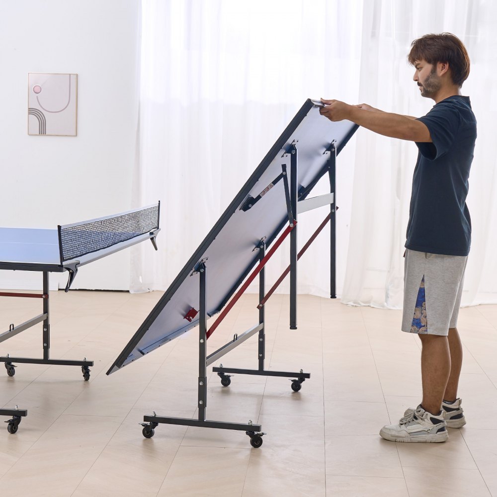VEVOR Tavolo da Ping Pong Pieghevole in MDF per Interni, Tavolo da Ping Pong Portatile, con Rete a Morsetto Rapido e Ruote Bloccabili, Gioco da Ping Pong, Uso Interno, Piani del Tavolo da 12 mm