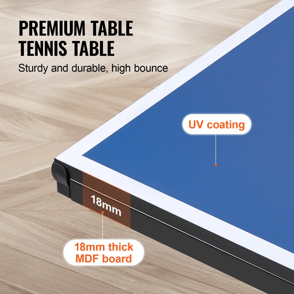 VEVOR Tavolo da Ping Pong Pieghevole in MDF per Interni, Tavolo da Ping Pong Portatile, con Rete a Morsetto Rapido e Ruote Bloccabili, Gioco da Ping Pong, Montaggio Facile, Piani del Tavolo da 18 mm