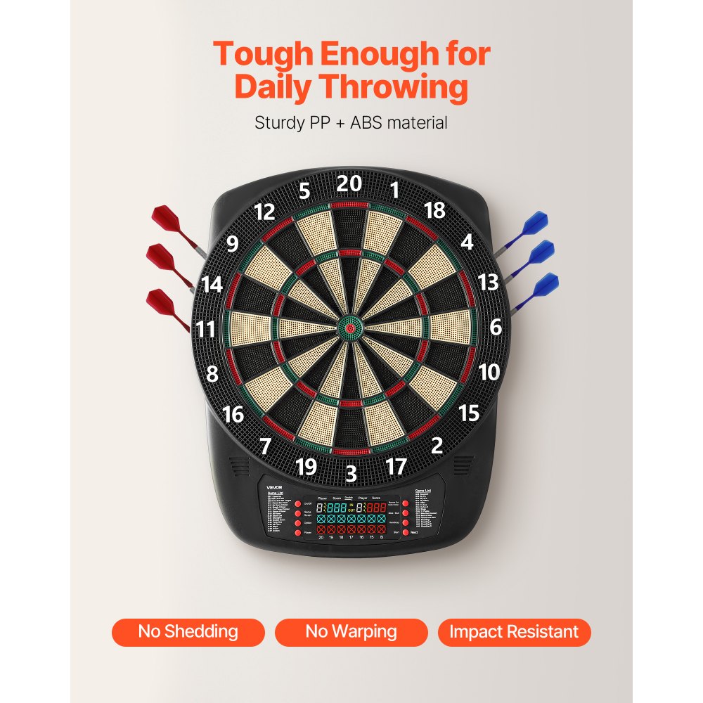 VEVOR Electronic Dart Board, 336mm Target Dartboard with 43 Games & 200+ Variations for Up to 8 Players, 6 Dart Shafts with Flights & 50 Soft Tips, Color LCD Scoring Screen for Home Party Game Rooms