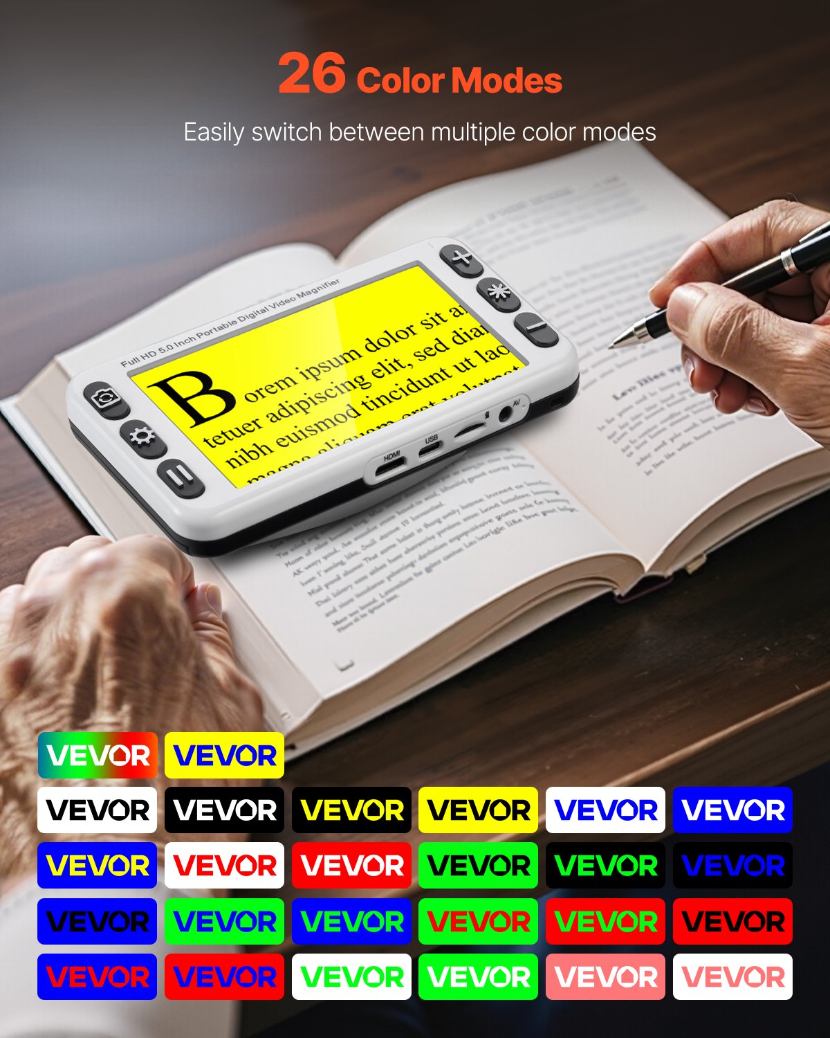 VEVOR Portable Digital Magnifier, 127mm HD Electronic Video Magnifier for Low Version, 2X - 48X Electronic Reading Aid with 13MP Near & Far Dual Lens, 26 Color Mode, AV/HDMI Output & Foldable Handle
