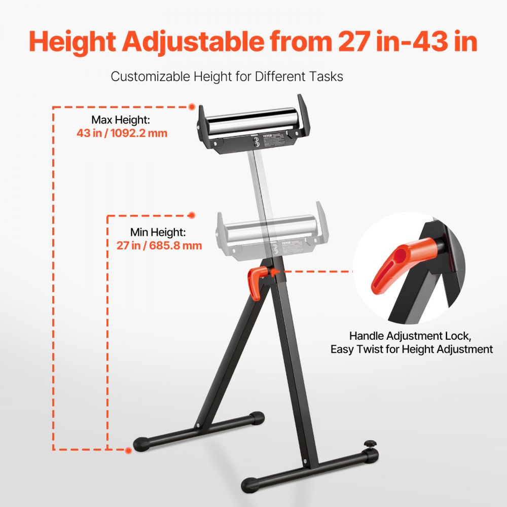 VEVOR roller stand, 113 kg load capacity, roller stand 68-109 cm adjustable height, foldable, work stand with edge guides and 29 cm polished steel roller head, for table saw outfeed