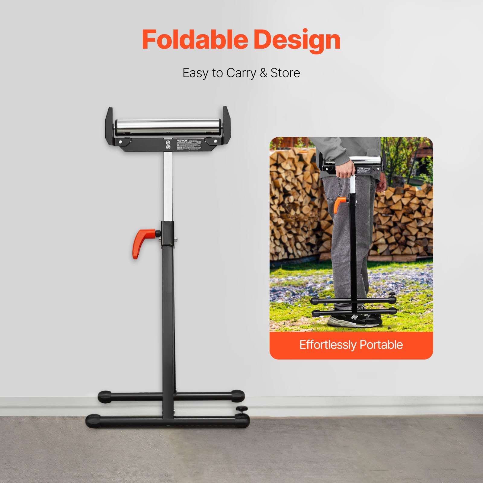 VEVOR roller stand, 113 kg load capacity, roller stand 68-109 cm adjustable height, foldable, work stand with edge guides and 29 cm polished steel roller head, for table saw outfeed