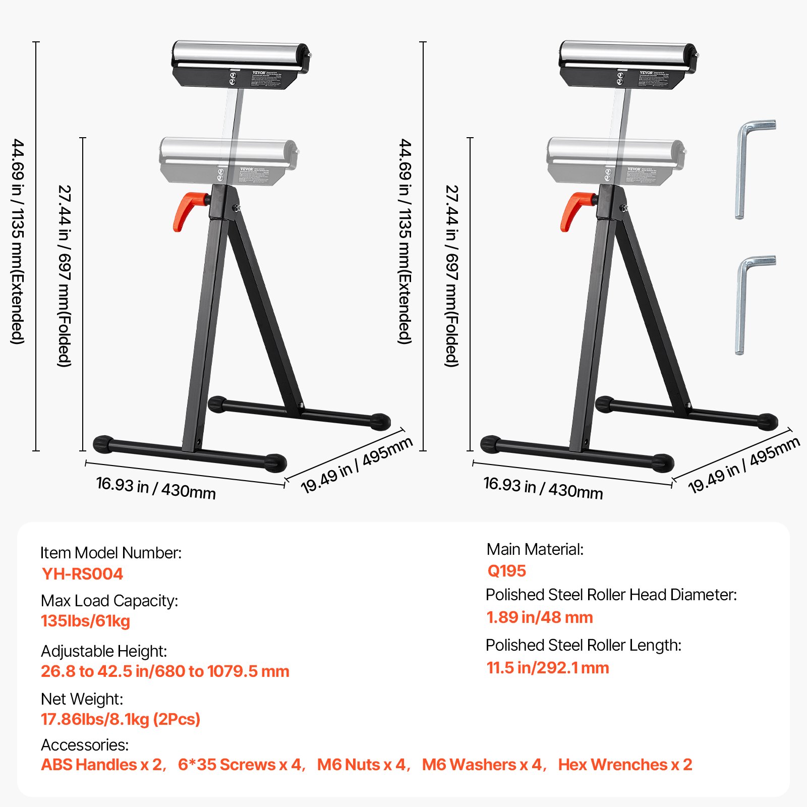 VEVOR Supporti a Rulli, 2 PZ, Supporto a Rulli Pieghevole, Carico di 61 kg Altezza Regolabile 680 a 1079,5 mm Design Pieghevoli per Impieghi Gravosi con Testa a Rulli in Acciaio Lucidato da 292,1 mm