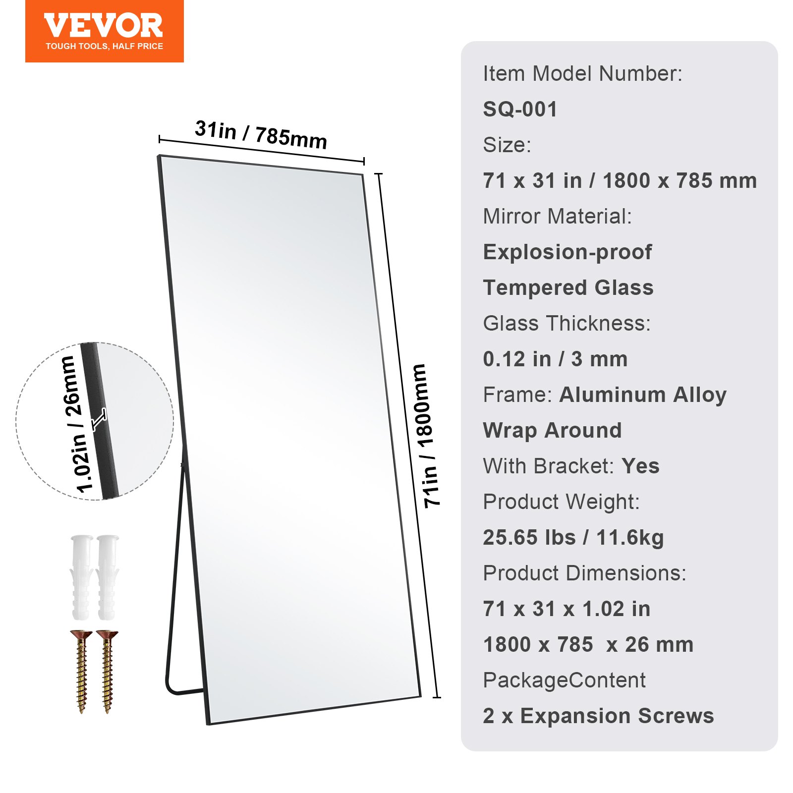 VEVOR Full-Length Mirror 180 x 78 cm, Tempered Glass Standing Mirror for Hanging or Leaning with Stand, Aluminum Alloy Frame, Full-Length Dressing Mirror for Living Room and Bedroom