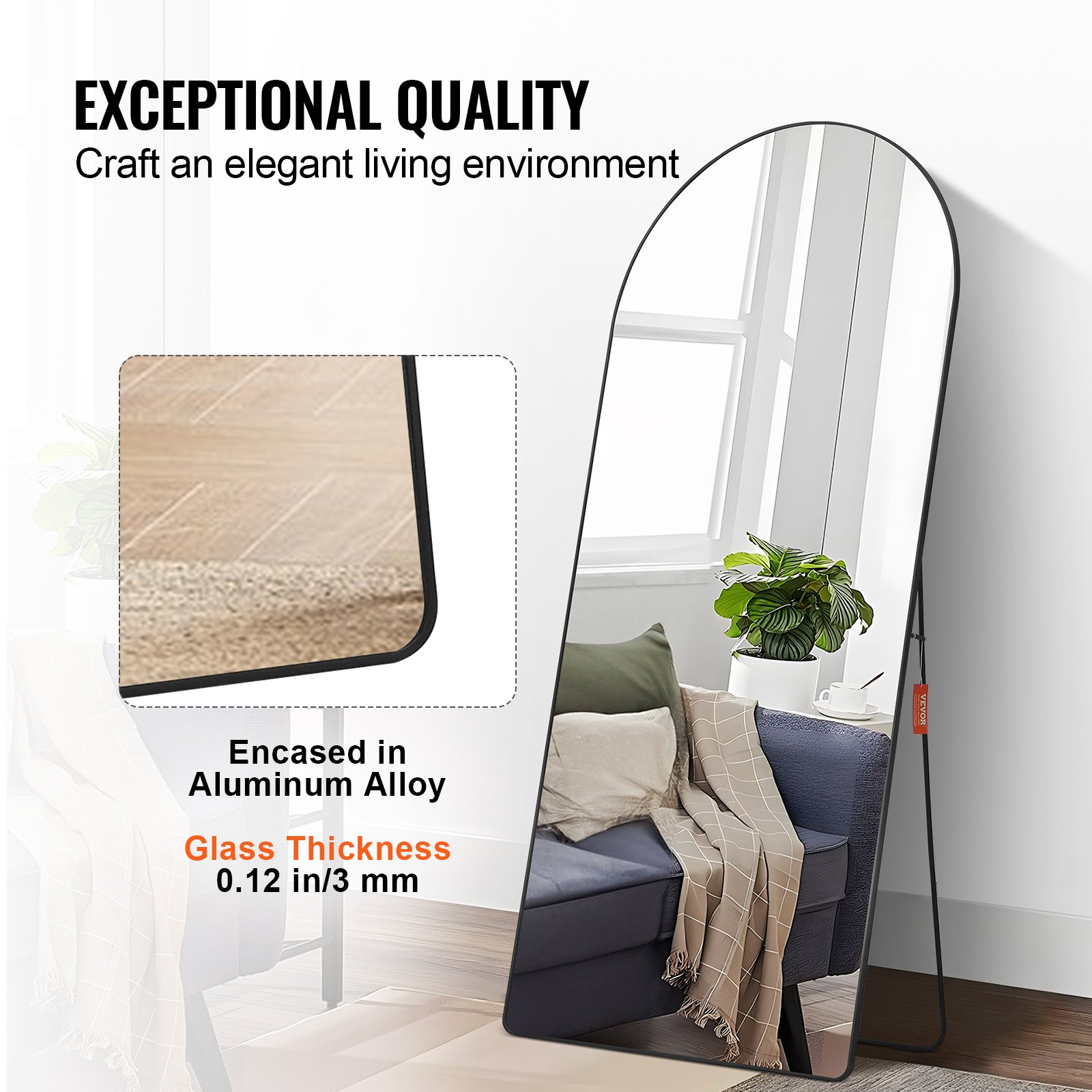 VEVOR Curved Full-Length Mirror, 180 x 81 cm, Standing Mirror with Stand, Freestanding or Wall Mounted, Aluminum Alloy Frame, Full-Length Dressing Mirror for Living Room and Bedroom