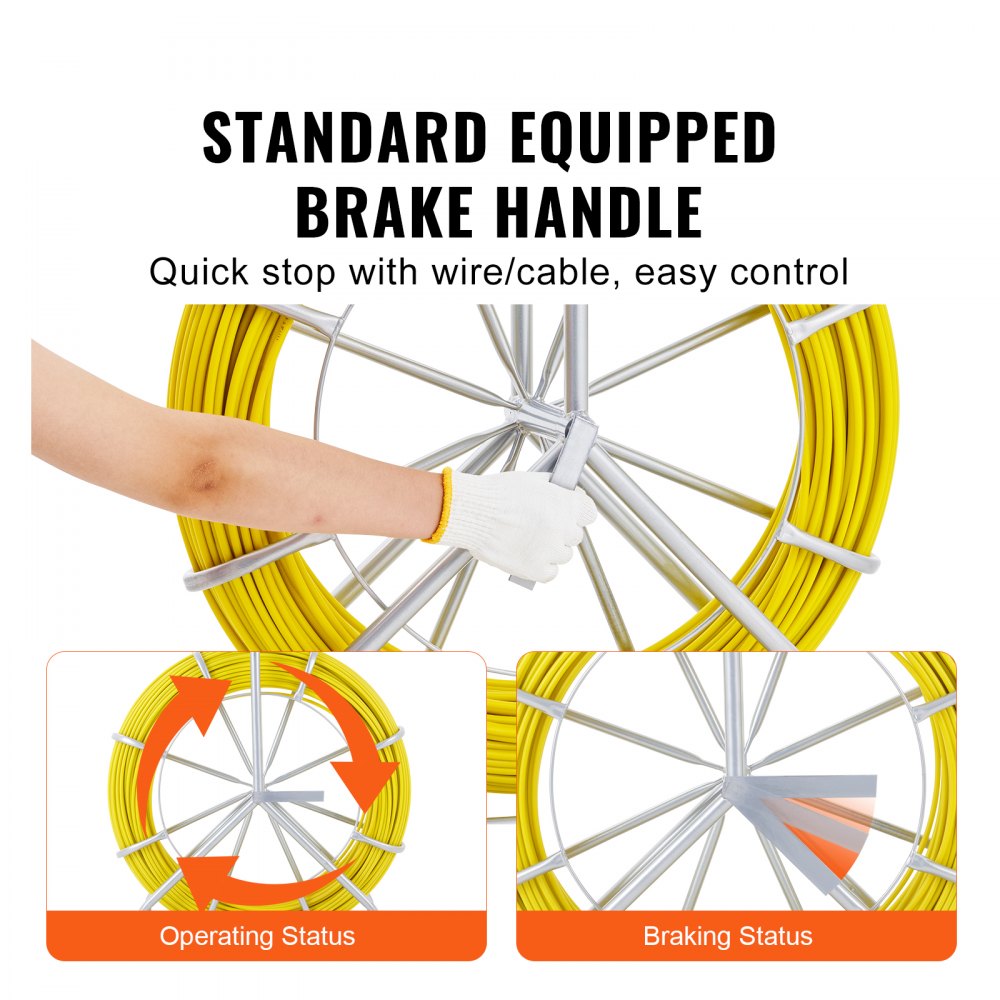 VEVOR Fiberglass Cable Pulling Aid, 200 m, 6.35 mm, Fishtape Wire Puller, Cable Pulling Rod with Steel Roller Stand, 3 Pulling Heads, Fishing Tools for Walls and Electrical Wires, Non-Conductive