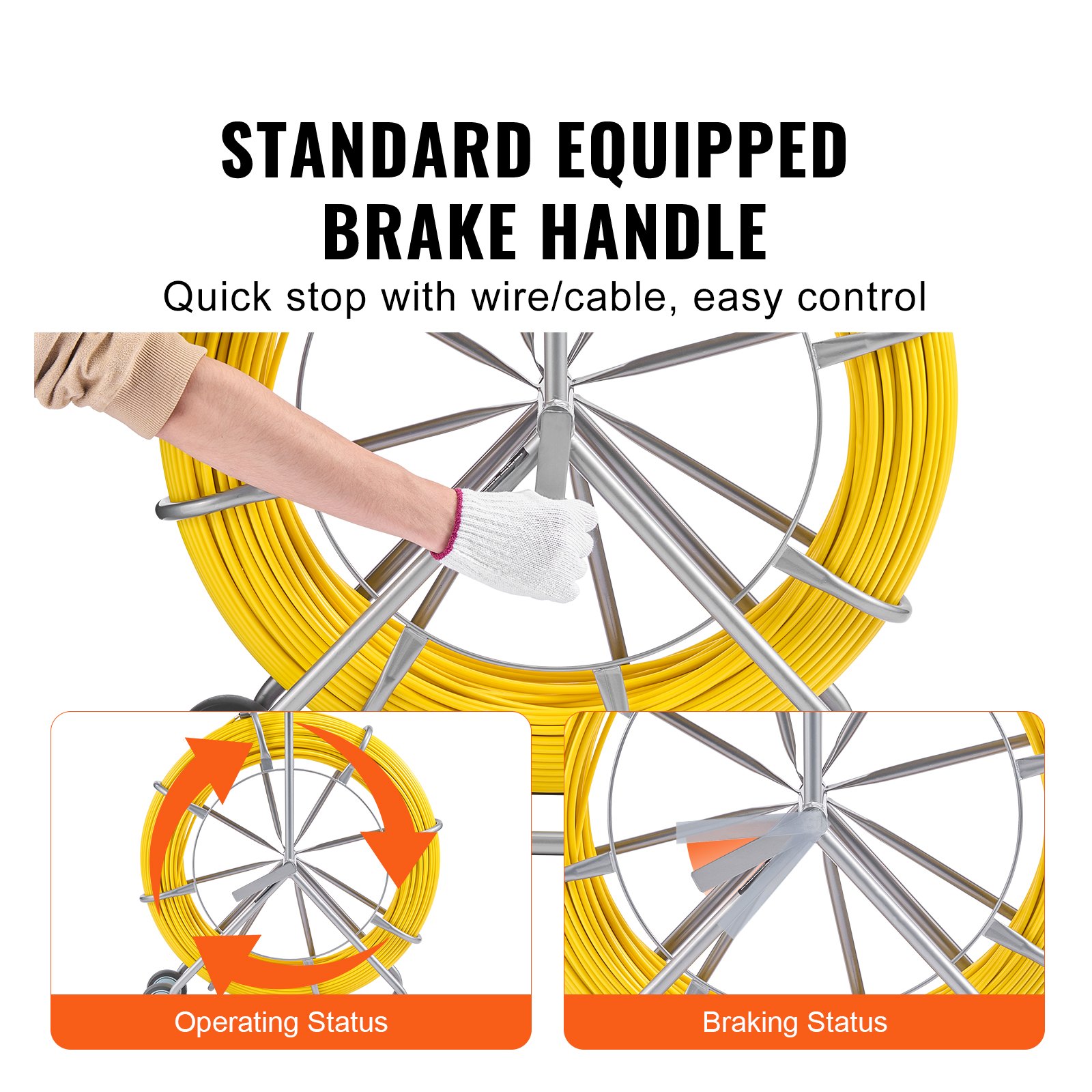 VEVOR Fish Tape in Fibra di Vetro, 200 m 7,94 mm, Duct Rodder Fishtape, Tiracavi con Supporto per Bobina in Acciaio, 3 Teste Trazione, Strumenti Pesca per Pareti e Condotte Elettriche, Non Conduttivo