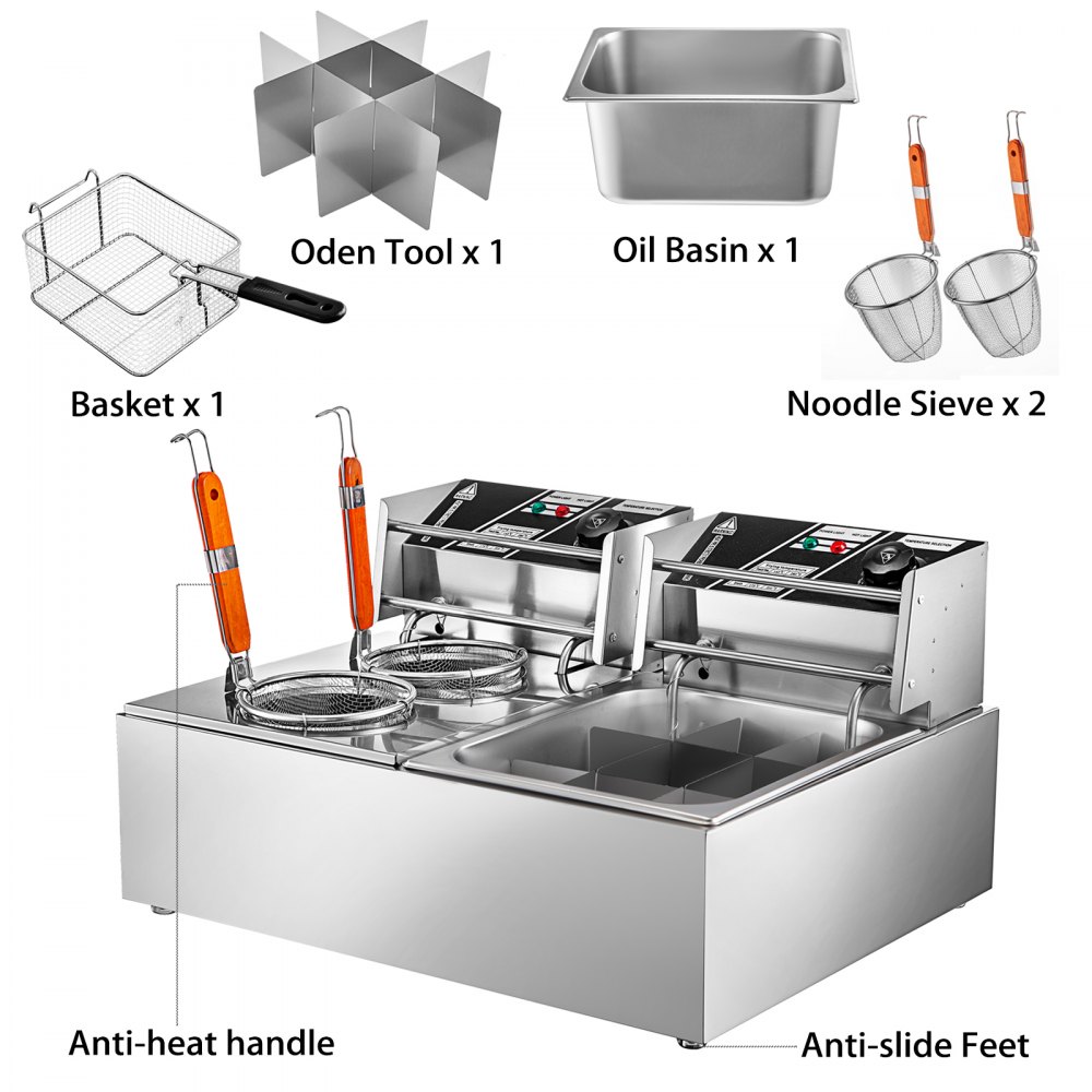Vevor Friggitrice In Acciaio 60-200 ℃ 2 Vasca Da 10 Litri E Cestello Rimovibile