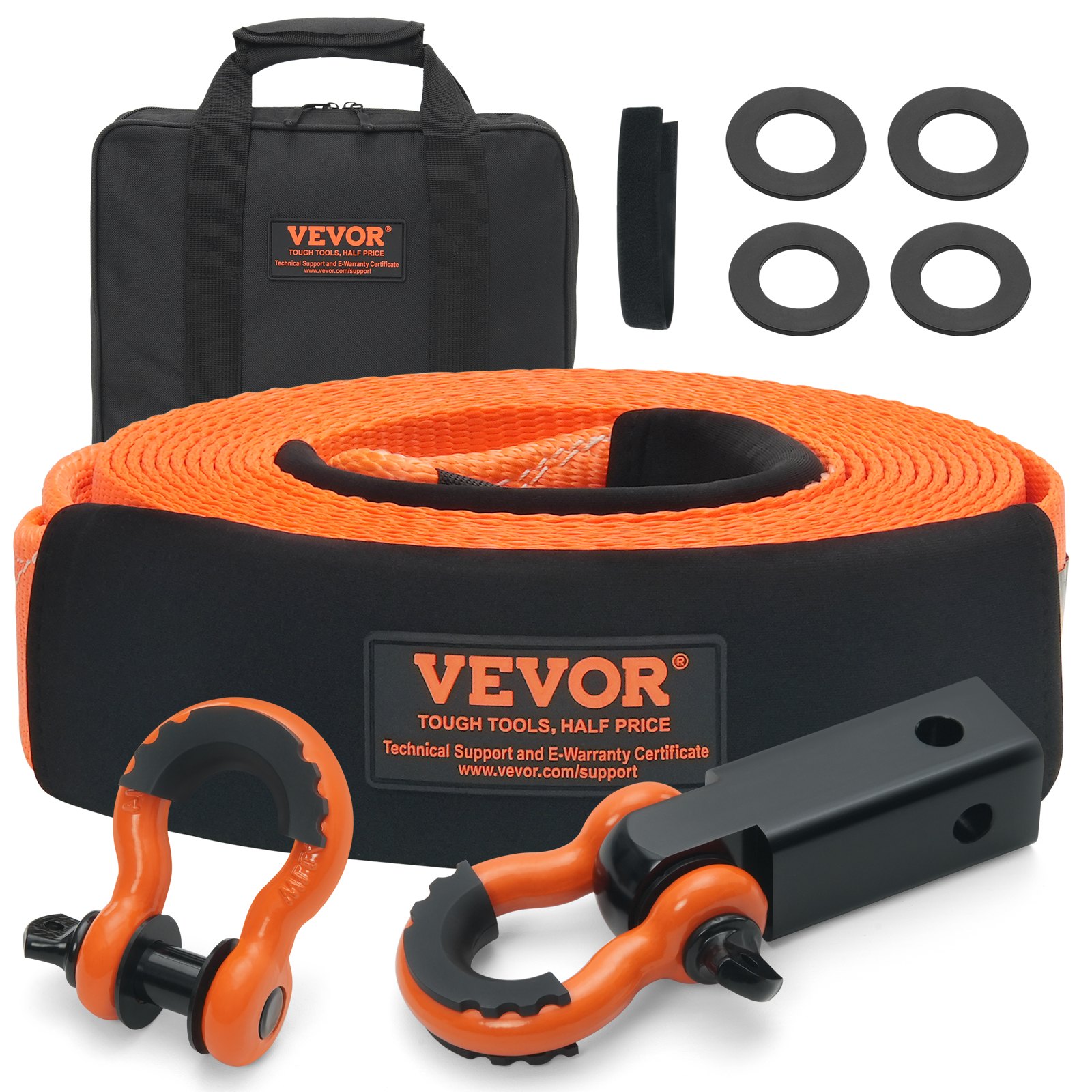VEVOR Kit di Recupero Cinghia da Traino in Poliestere Resistente, Fune per Verricello da 76,2 mm x 9,1 m, 16329 kg, Tripla Fibbia Rinforzata, Cinghia a Strappo, Ricevitore con Gancio a Grillo 50 mm