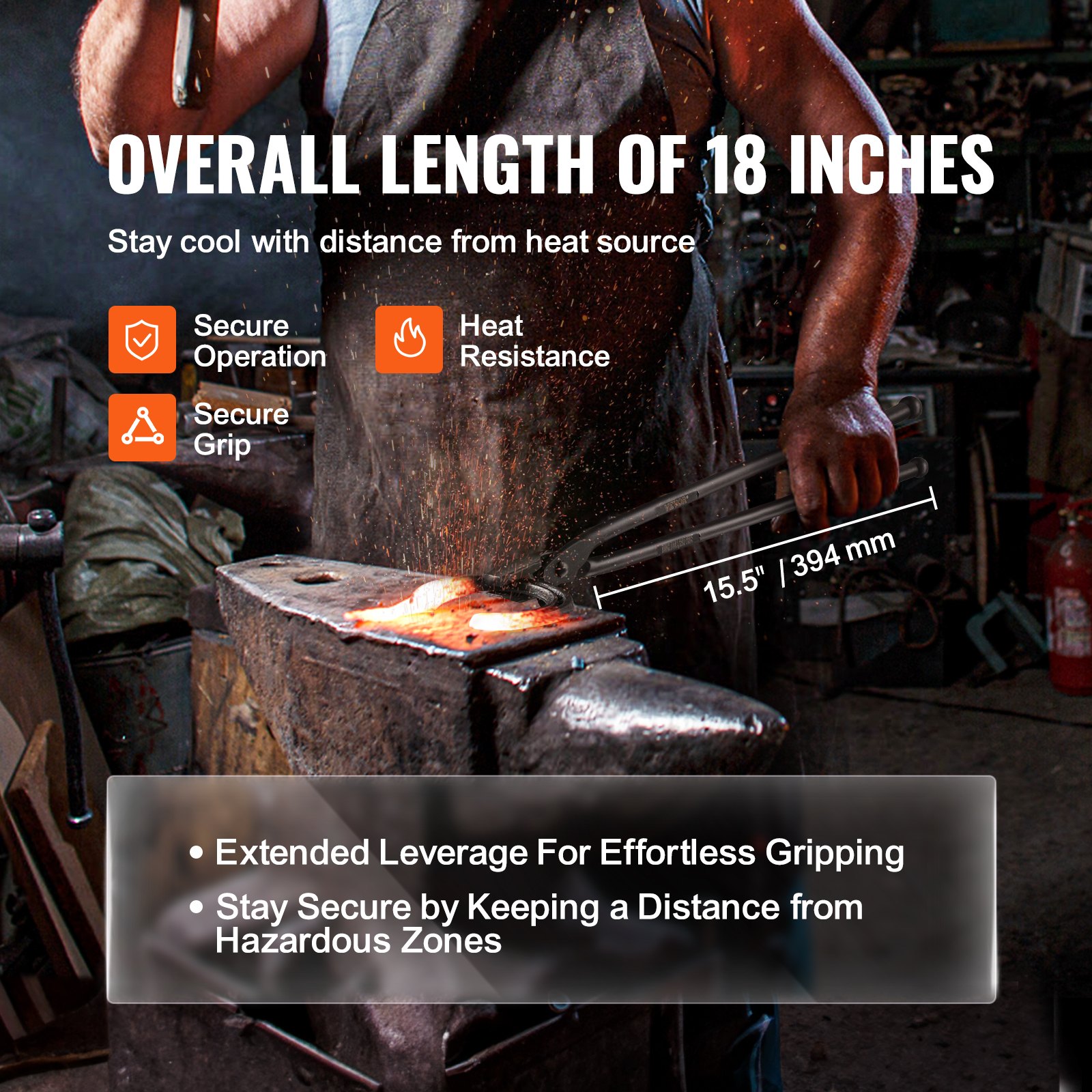 VEVOR blacksmith's tongs, 458 x 38 x 19.0 mm, wolf jaw tongs, 96 ± 5° maximum jaw angle, wolf jaw tongs made of carbon steel, 8 mm maximum jaw thickness, blacksmith's tongs with extended handle