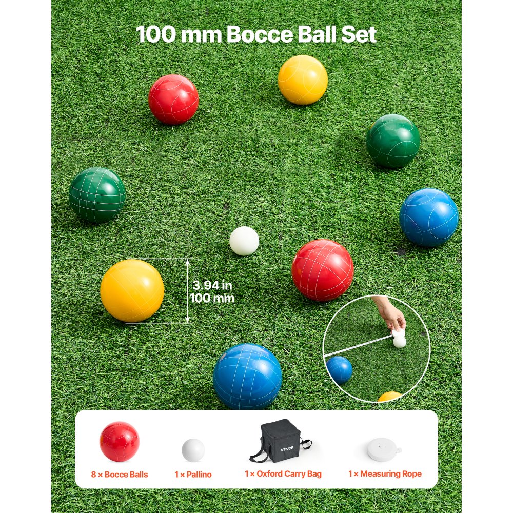 VEVOR Set di Bocce, 100 mm, con 8 Bocce in Resina, Pallino, Borsa per il Trasporto e Corda di Misurazione, 4 Colori Rosso Verde Blu Giallo, Set da Gioco per Bocce per Spiaggia, Prato