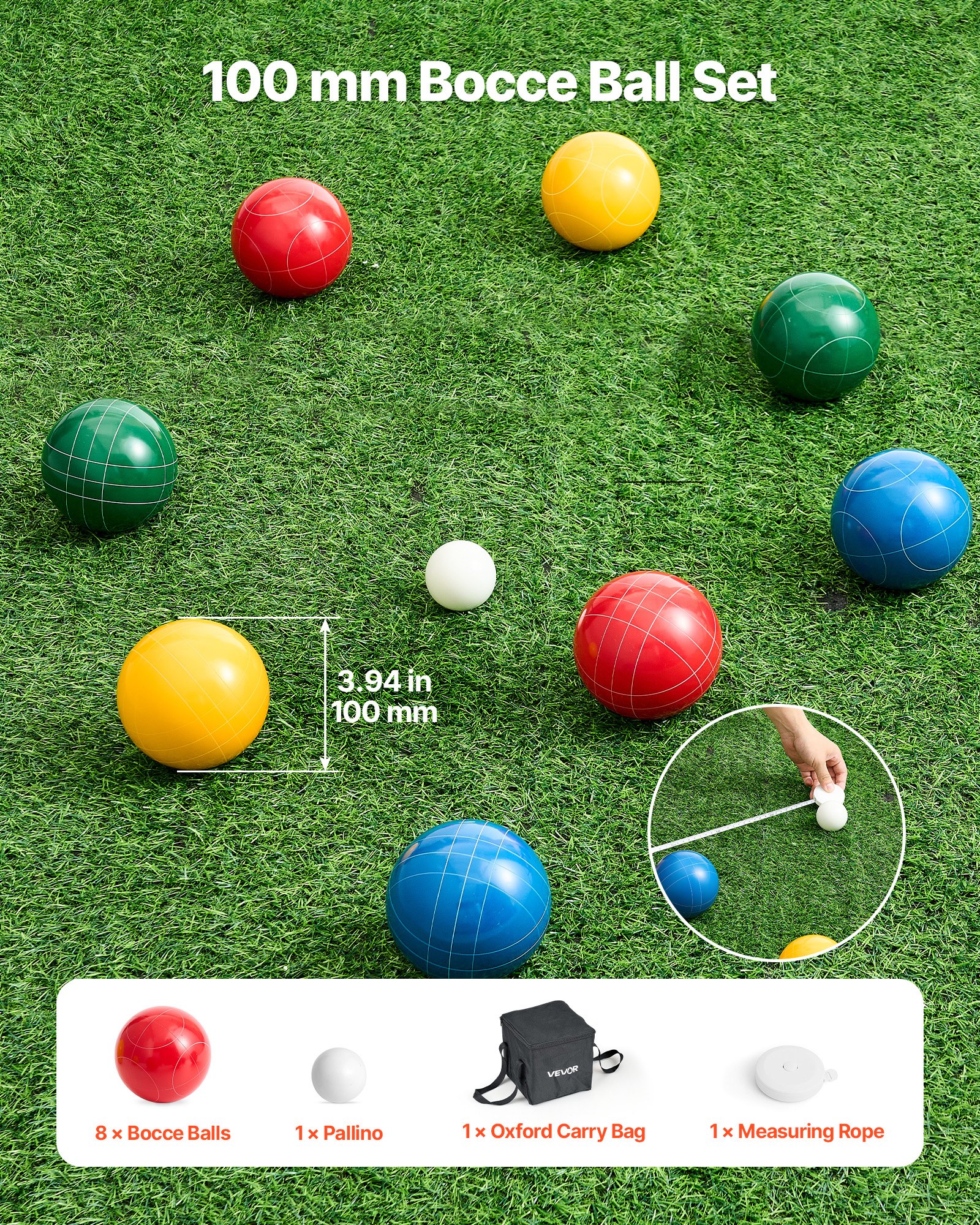 VEVOR Set di Bocce, 100 mm, con 8 Bocce in Resina, Pallino, Borsa per il Trasporto e Corda di Misurazione, 4 Colori Rosso Verde Blu Giallo, Set da Gioco per Bocce per Spiaggia, Prato