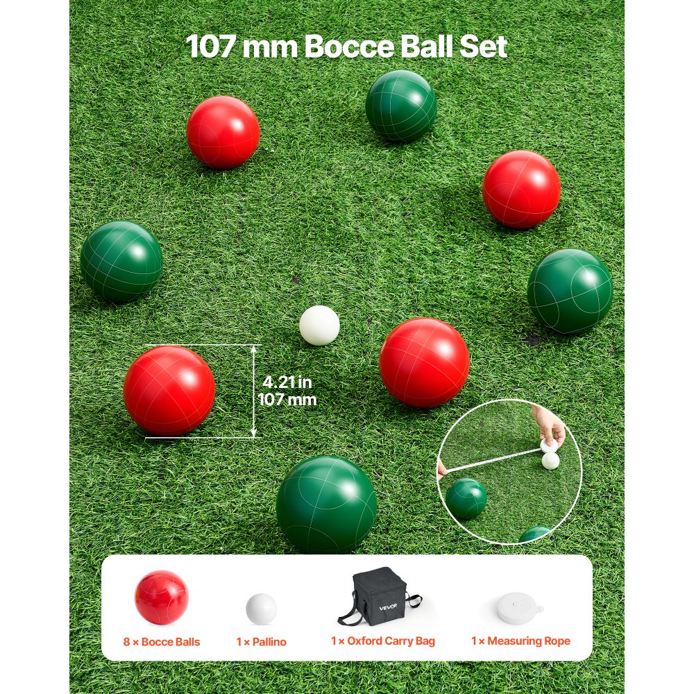 VEVOR Set di Bocce, 107 mm, con 8 Bocce in Resina, Pallino, Borsa per il Trasporto e Corda di Misurazione, 2 Colori Rosso e Verde, per 2-8 Giocatori, Set da Gioco per Bocce per Spiaggia, Prato