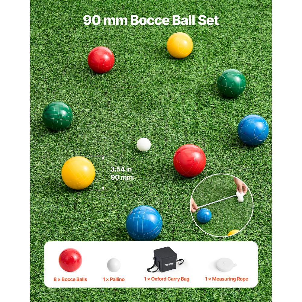 VEVOR Set di Bocce, 90 mm, con 8 Bocce in Resina, Pallino, Borsa per il Trasporto e Corda di Misurazione, 4 Colori Rosso Verde Blu Giallo, per 2-8 Giocatori, Set da Gioco per Spiaggia, Prato
