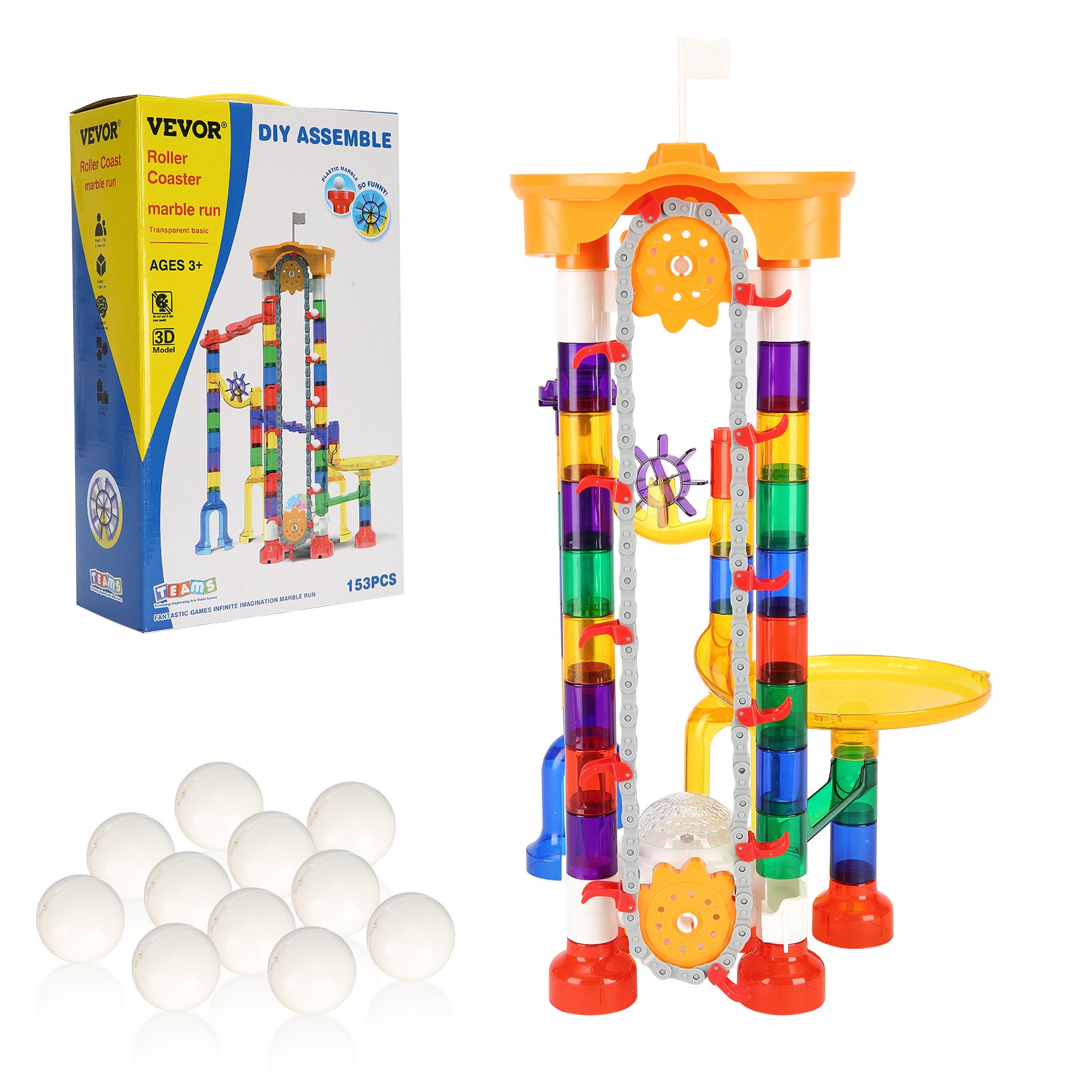 VEVOR Marble Run Set, 153 Pezzi con Ascensore Motorizzato, con 15 Biglie di Plastica, Labirinto di Biglie, Gioco Costruzione di Blocchi di Cervello, Pista Apprendimento Educativo STEM per Bambini