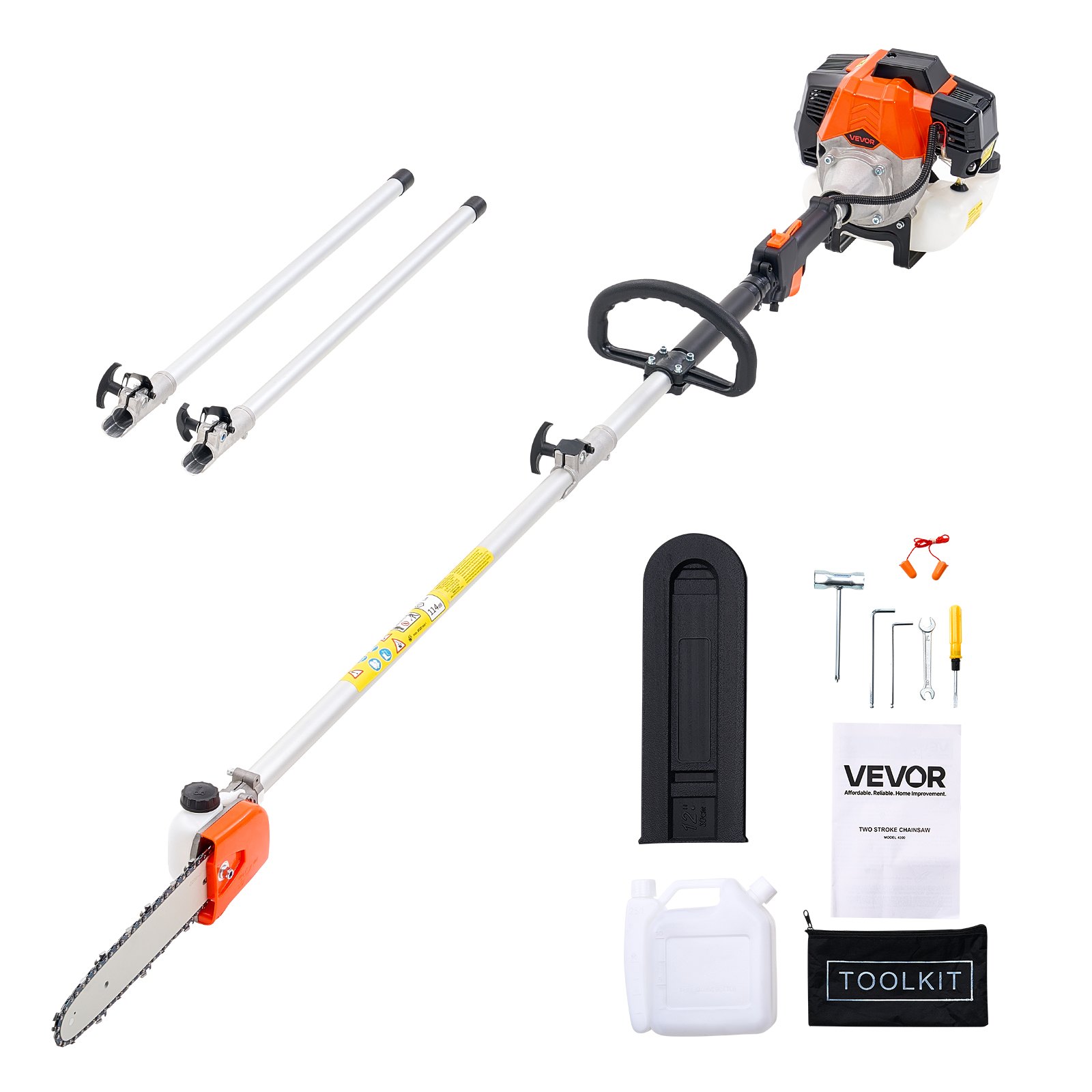 VEVOR Troncatrice a Gas per Alberi a 2 Tempi da 43 cc Troncatrice a Catena per Taglio con Barra di Taglio da 25,4 cm Tagliasiepi a Batteria con Serbatoio da 850 ml Estensibile da 2,08 m a 3,58 m