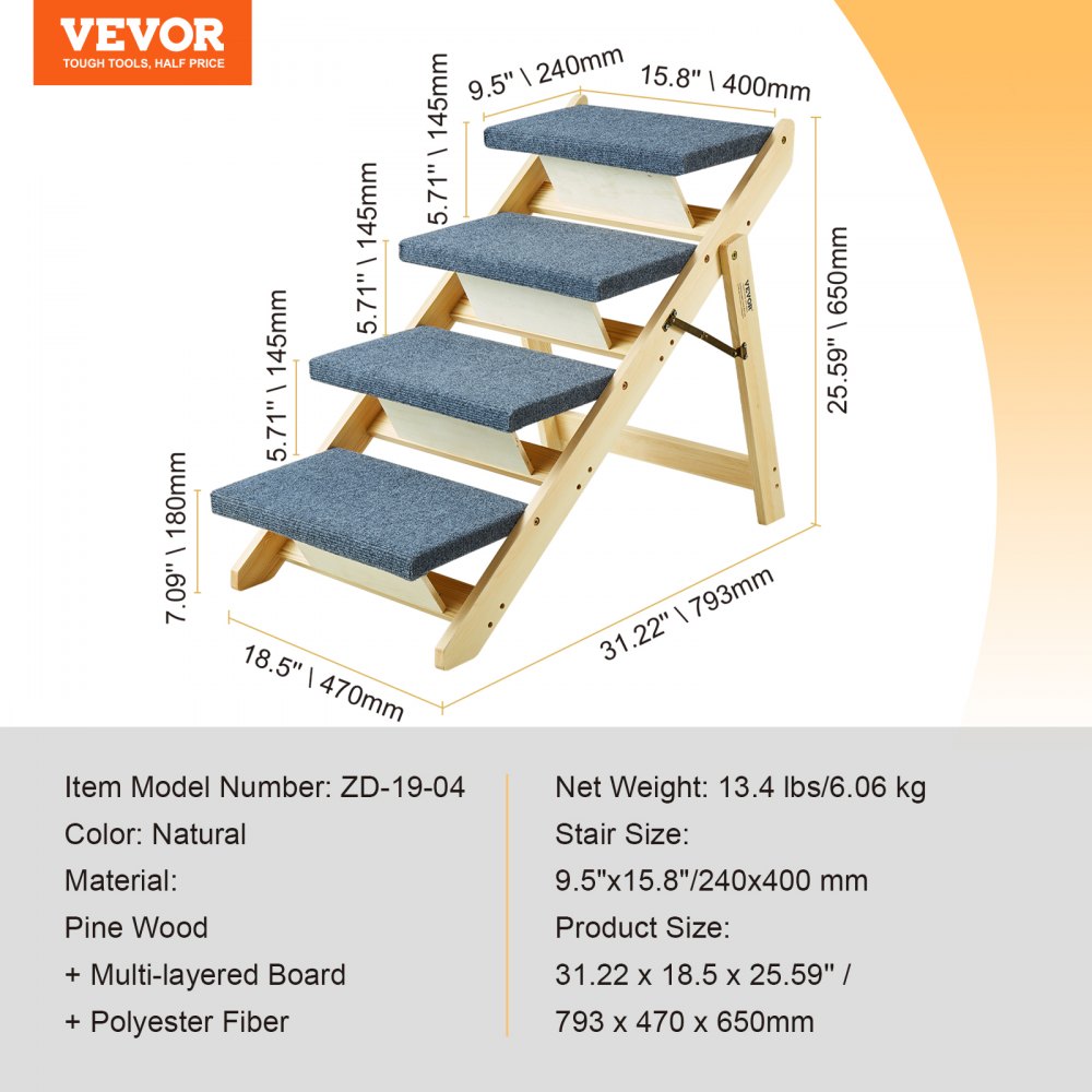 VEVOR Scale per Animali Domestici in Legno 4 Gradini, Scale per Cani in Legno Pieghevoli 2 in 1, per Letti, Divano, Scale per Cani e Rampa per Animali di Piccola Media Grande Taglia, Fino a 68 kg