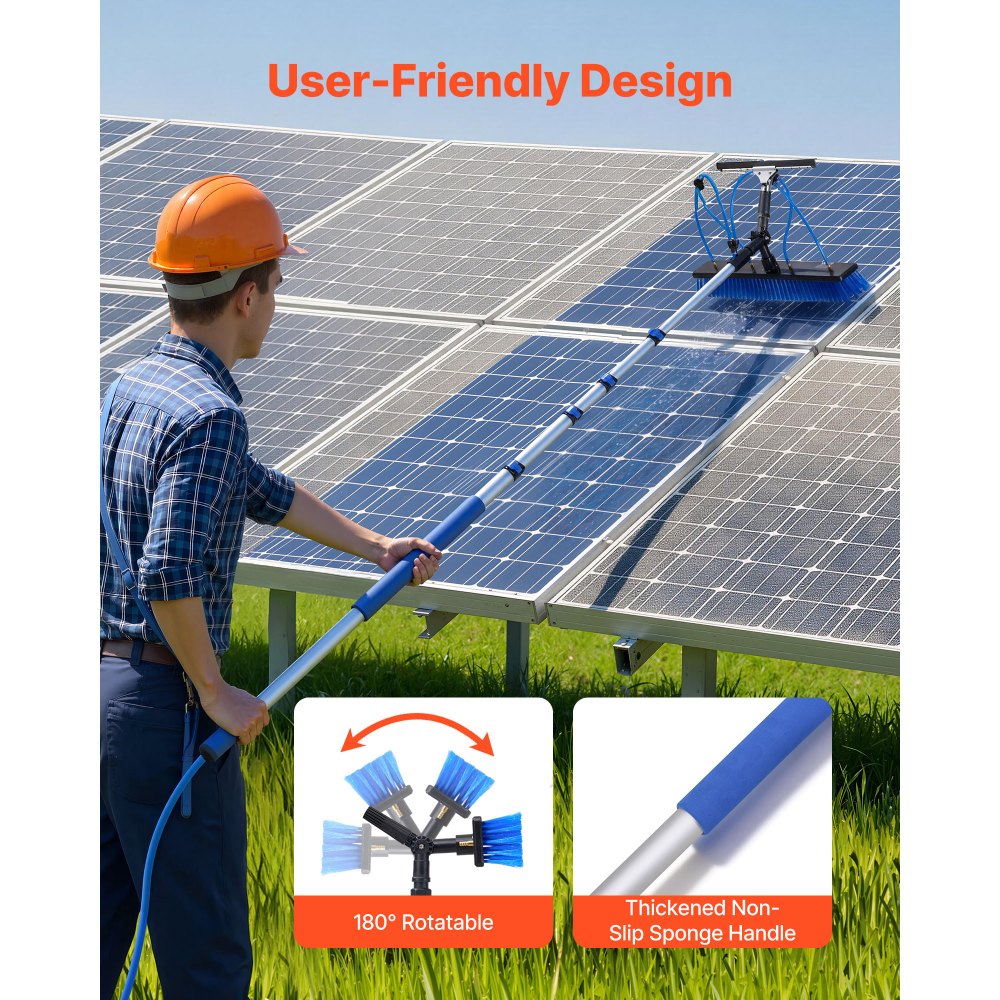 VEVOR Kit di Pulizia per Pannelli Fotovoltaici, 4,6 m, Spazzola 2 in 1 con Asta Telescopica per Lavaggio di Pannelli Solari, con Tergivetro, Dispenser di Sapone, Asta in Alluminio, Testa Ruotabile