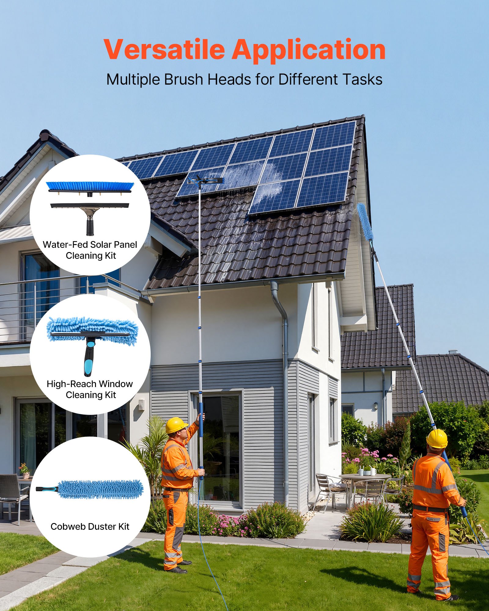 VEVOR Kit di Pulizia per Pannelli Fotovoltaici, 4,6 m, Spazzola 2 in 1 con Asta Telescopica per Lavaggio di Pannelli Solari, con Tergivetro, Dispenser di Sapone, Asta in Alluminio, Testa Ruotabile