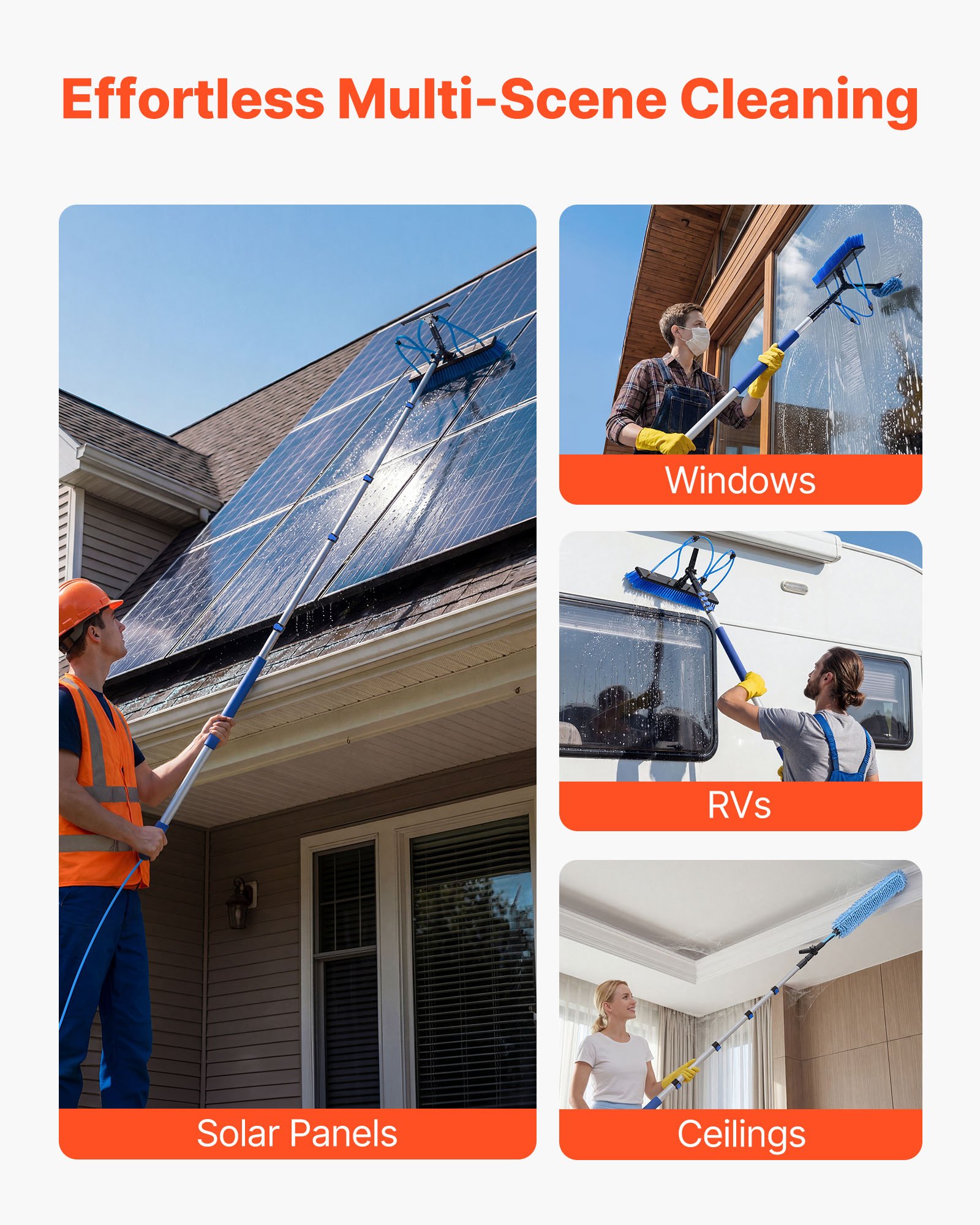 VEVOR Kit di Pulizia per Pannelli Fotovoltaici, 4,6 m, Spazzola 2 in 1 con Asta Telescopica per Lavaggio di Pannelli Solari, con Tergivetro, Dispenser di Sapone, Asta in Alluminio, Testa Ruotabile