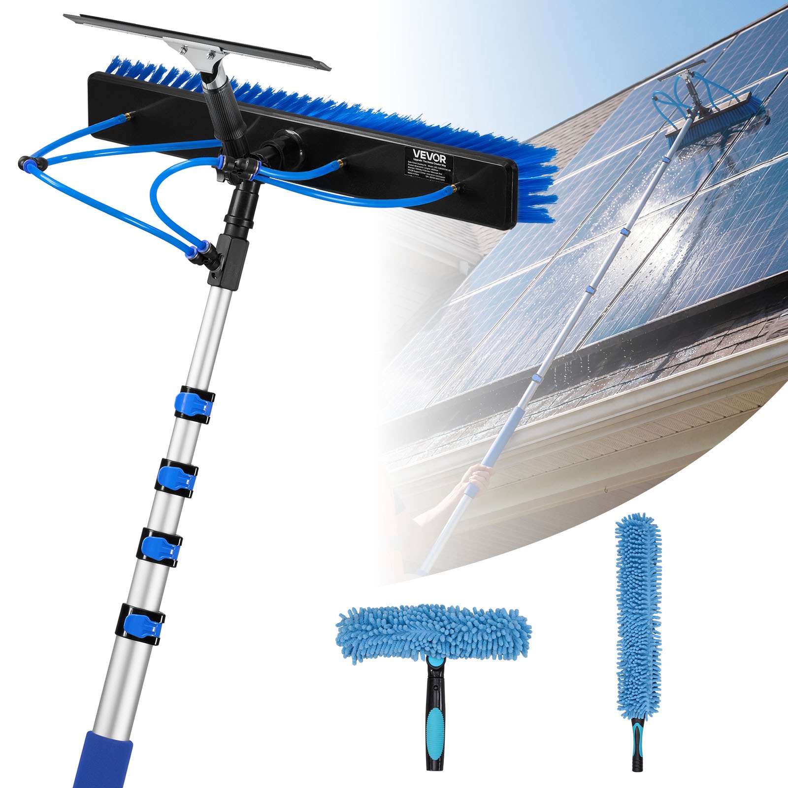 VEVOR Kit di Pulizia per Pannelli Fotovoltaici, 4,6 m, Spazzola 2 in 1 con Asta Telescopica per Lavaggio di Pannelli Solari, con Tergivetro, Dispenser di Sapone, Asta in Alluminio, Testa Ruotabile
