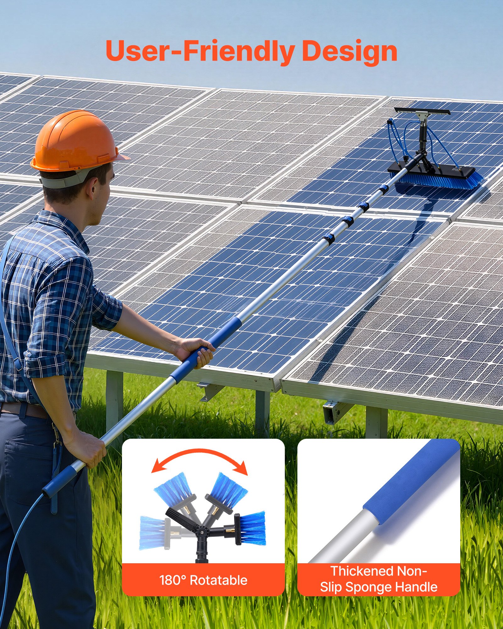 VEVOR Kit di Pulizia per Pannelli Fotovoltaici, 7,9 m, Spazzola 2 in 1 con Asta Telescopica per Lavaggio di Pannelli Solari, con Tergivetro, Dispenser di Sapone, Asta in Alluminio, Testa Ruotabile