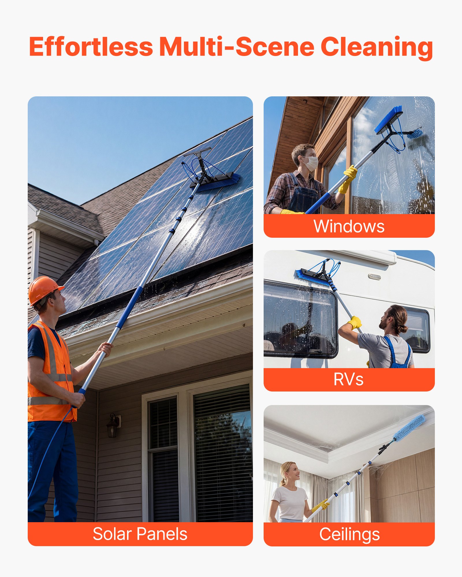 VEVOR Kit di Pulizia per Pannelli Fotovoltaici, 7,9 m, Spazzola 2 in 1 con Asta Telescopica per Lavaggio di Pannelli Solari, con Tergivetro, Dispenser di Sapone, Asta in Alluminio, Testa Ruotabile