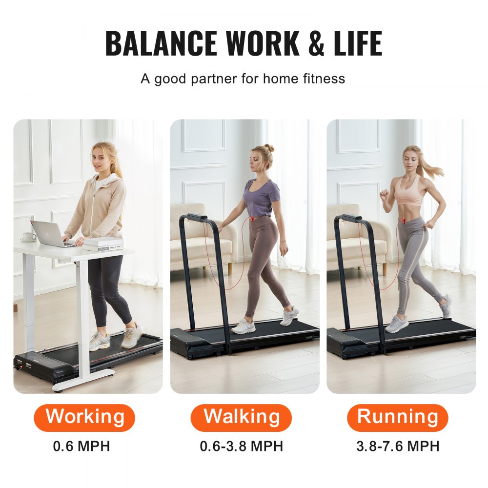 VEVOR Walking Pad Treadmill for Under-Desk Use, Work Treadmill, Foldable Treadmill with 120 kg Weight Capacity, Portable 2-in-1 Pad with 2.5 HP, Handlebar, Remote Control, LED Display, 1-12 km/h