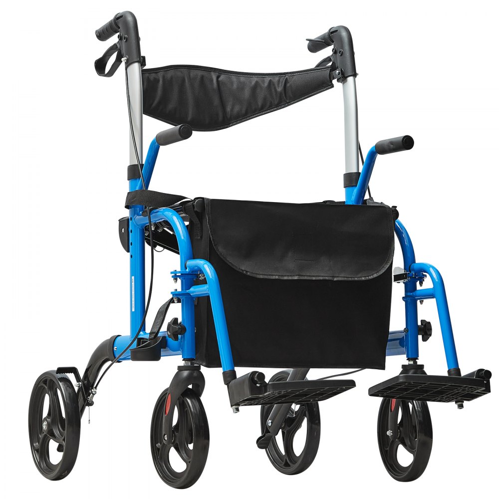 VEVOR 2-in-1 Rollator and Transport Chair for Seniors, Foldable Rollator-Wheelchair Combination with Footrests, Lightweight Aluminum Rollator with Adjustable Handle, All-Terrain Wheels, 136 kg, Blue