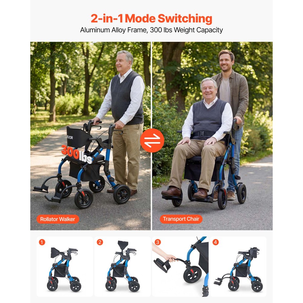 VEVOR Deambulatore e Sedia a Rotelle 2 in 1 per Anziani, Supporto Massimo 136 kg, Ausilio Pieghevole per la Mobilità in Alluminio con Ruote in PU, per Sostegno Camminata Disabili e Persone Anziane