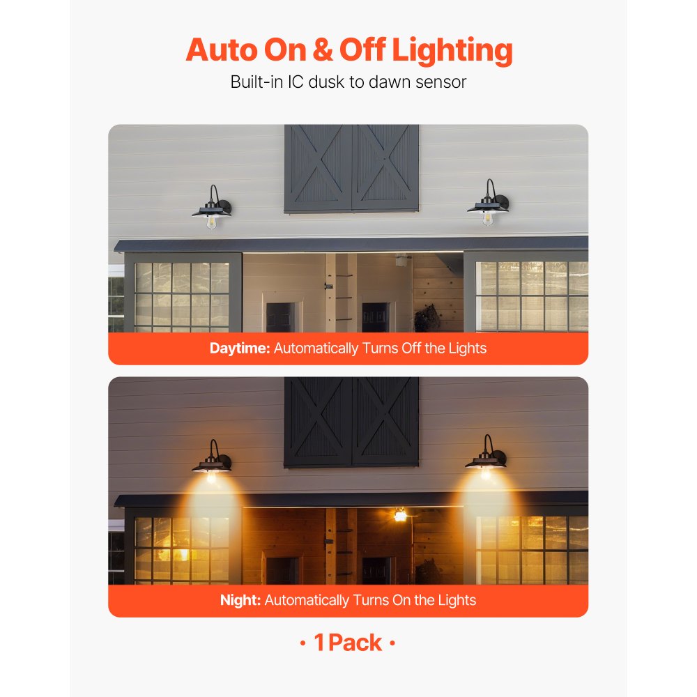 VEVOR Solar Outdoor Barn Light, 3 Lighting Modes and Motion Sensor, 1-Pack Gooseneck Light Fixture,Farmhouse Wall Sconce, with E26 Bulb Compatible, Waterproof for Porch, House, Entryway, Garage, Black