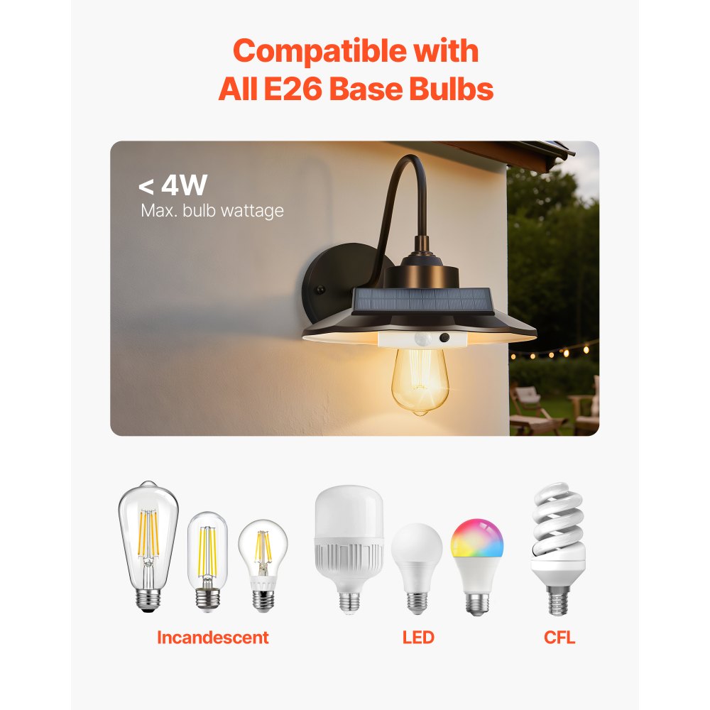 VEVOR Solar Outdoor Barn Light, 3 Lighting Modes and Motion Sensor, 1-Pack Gooseneck Light Fixture,Farmhouse Wall Sconce, with E26 Bulb Compatible, Waterproof for Porch, House, Entryway, Garage, Black