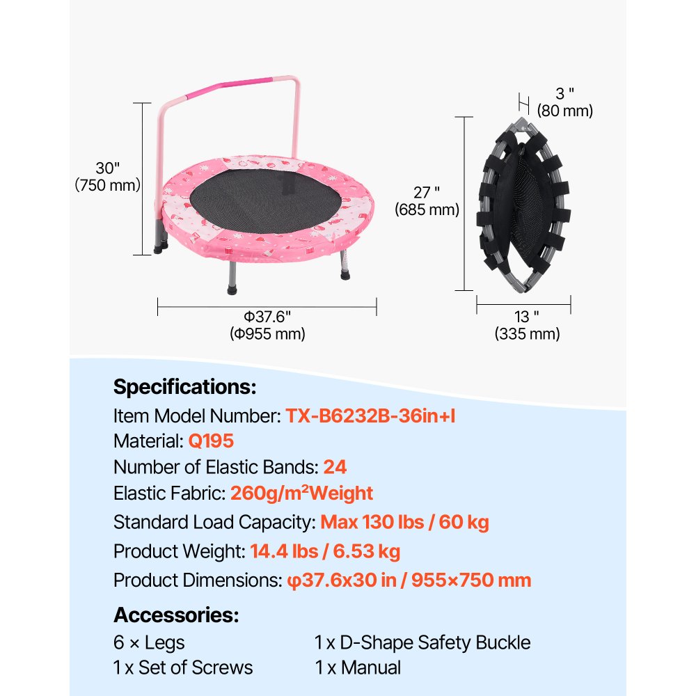 VEVOR Kids Trampoline Outdoor Trampoline 91.44 cm Foldable Trampoline with Handle, Rebounder Trampoline Garden Trampoline for Toddlers, Birthday Gift for Children 3 Years and Up, 100 kg Weight Capacity, Red