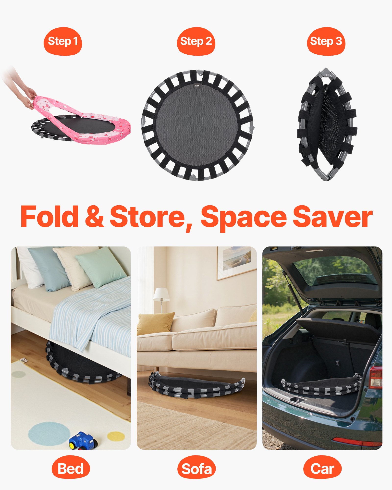 VEVOR Kids Trampoline Outdoor Trampoline 91.44 cm Foldable Trampoline with Handle, Rebounder Trampoline Garden Trampoline for Toddlers, Birthday Gift for Children 3 Years and Up, 100 kg Weight Capacity, Red