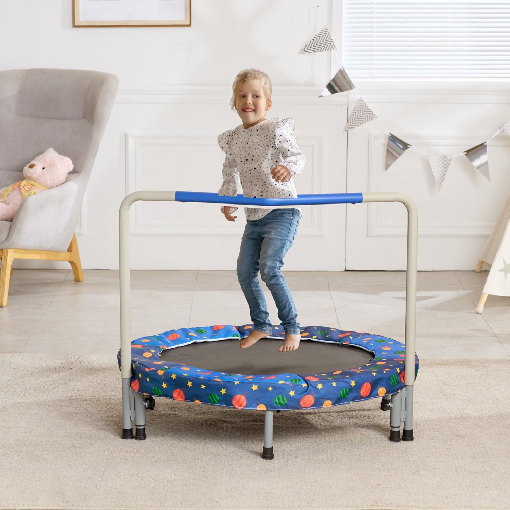 VEVOR Trampolino per Bambini, Trampolino per Interni ed Esterni 955x750 mm, Mini Trampolino Pieghevole con Maniglia, Trampolino Rebounder per Bambini, per Bambini Divertimento, Trampolino Blu