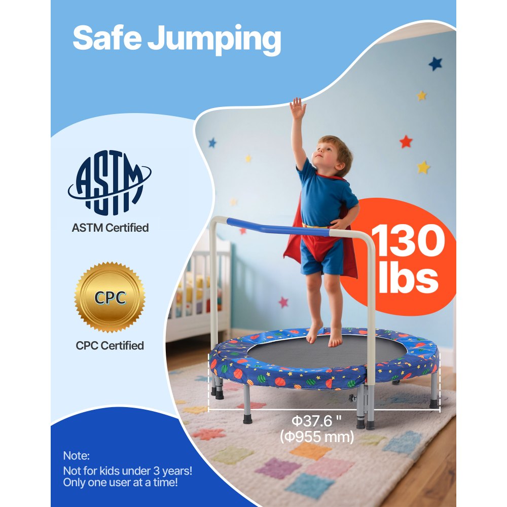 VEVOR Trampolino per Bambini, Trampolino per Interni ed Esterni 955x750 mm, Mini Trampolino Pieghevole con Maniglia, Trampolino Rebounder per Bambini, per Bambini Divertimento, Trampolino Blu