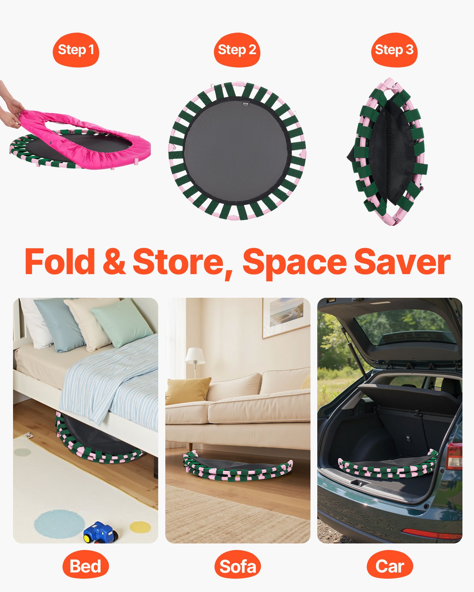 VEVOR Trampolino per Bambini, Trampolino per Interni ed Esterni 955x750 mm, Mini Trampolino Pieghevole con Maniglia, Trampolino Rebounder per Bambini, per Bambini Divertimento, Trampolino Rosa