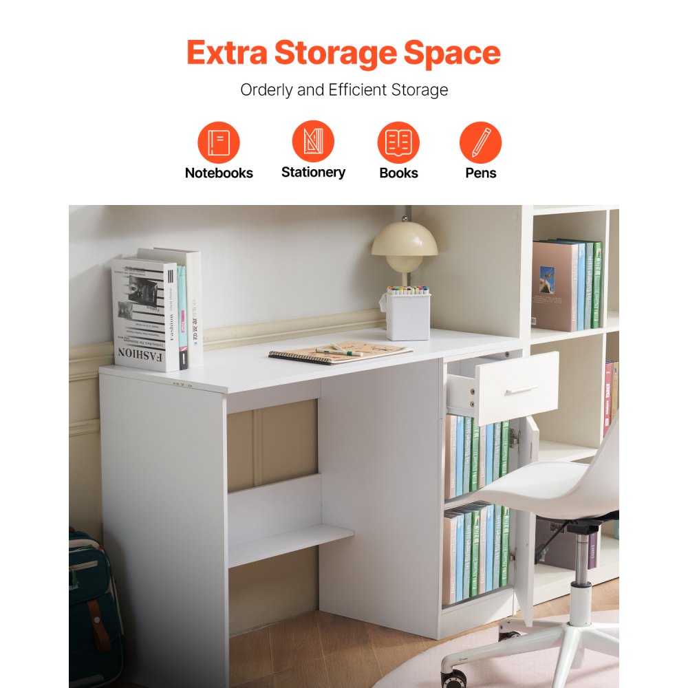 VEVOR Scrivania Piccola con Cassetto, Scrivania per Camera da Letto, Semplice Tavolo da Studio in Legno per Disegnare, Leggere, Tavolo da Lavoro Rettangolare con Ripiano Regolabile per Ufficio, Bianco