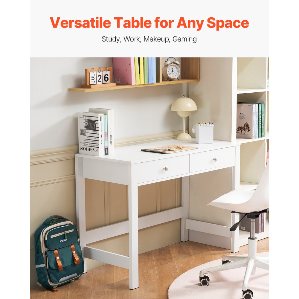 VEVOR Scrivania da Studio Piccola con Cassetti per Bambini Colore Bianco, Design Moderno e Semplice, per Disegnare Leggere e Scrivere, Forma Rettangolare in MDF, per Casa Camera da Letto e Ufficio