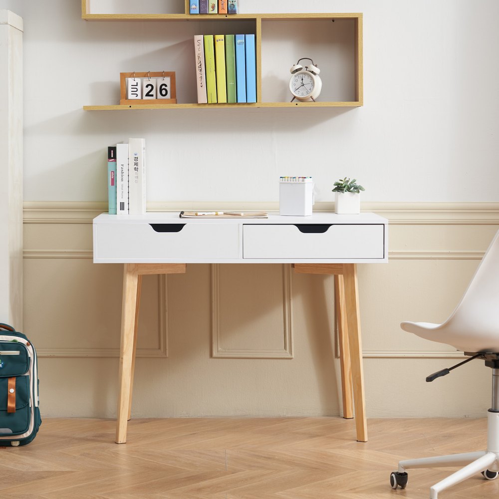 VEVOR Scrivania Piccola con 2 Cassetti, Semplice Tavolo da Studio in Legno per Disegnare, Leggere, Tavolo da Lavoro Rettangolare con Spazio di Archiviazione per Ufficio Domestico, Bianco e Legno