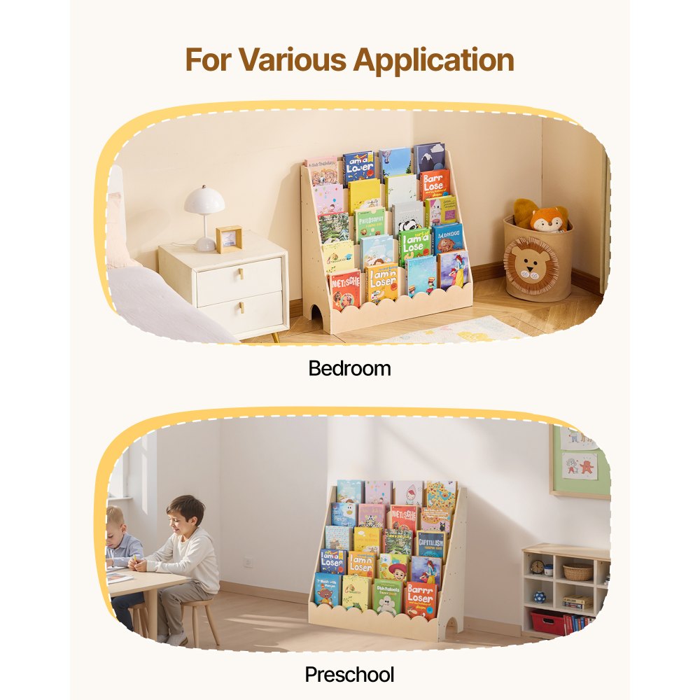 VEVOR Montessori Bookshelf, 5-Tier Scalloped Kids Bookshelf, Front Facing Toddler Bookcase, Dual Hooks for Hanging Backpacks, Baby Bookshelf for Kids Room, Living Room, Entryway, Nursury, Preschool