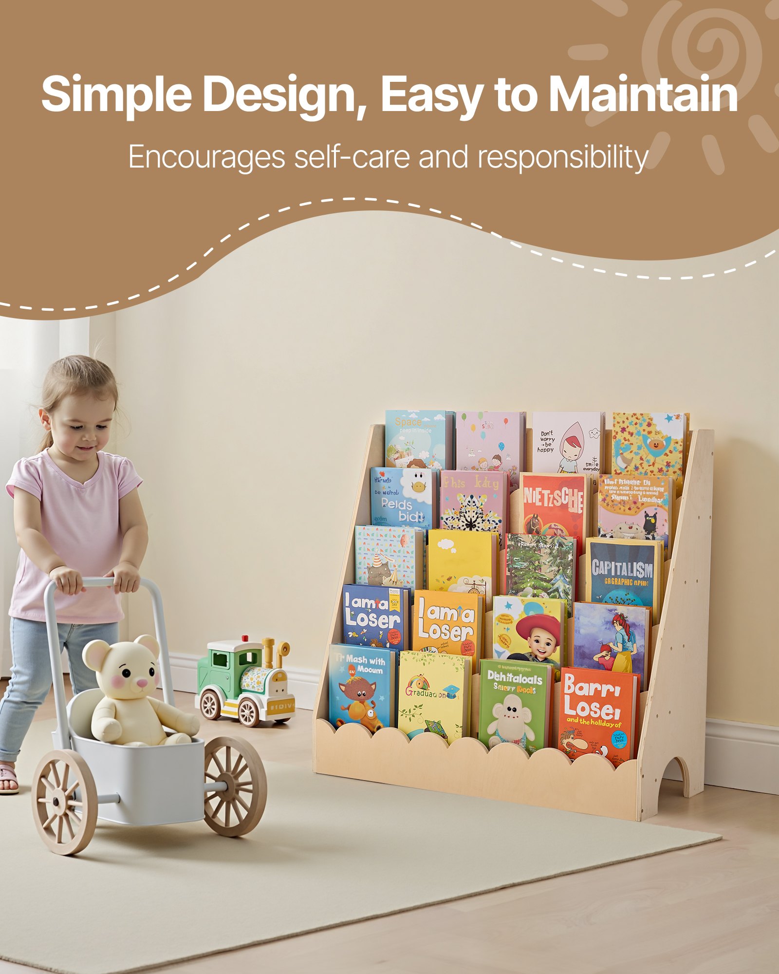 VEVOR Montessori Bookshelf, 5-Tier Scalloped Kids Bookshelf, Front Facing Toddler Bookcase, Dual Hooks for Hanging Backpacks, Baby Bookshelf for Kids Room, Living Room, Entryway, Nursury, Preschool